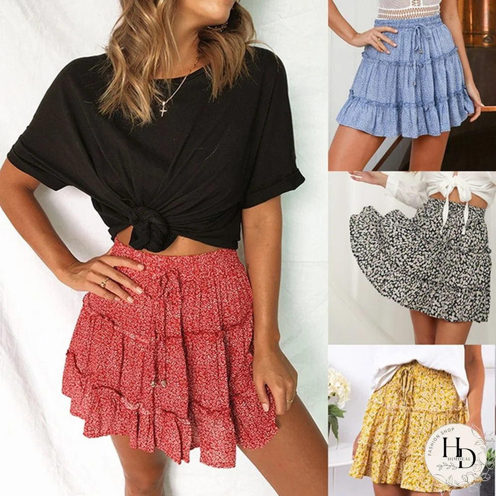 Women Fashion Casual Floral Short Skirts Summer High Waist Pleated Printed Beach Skirt