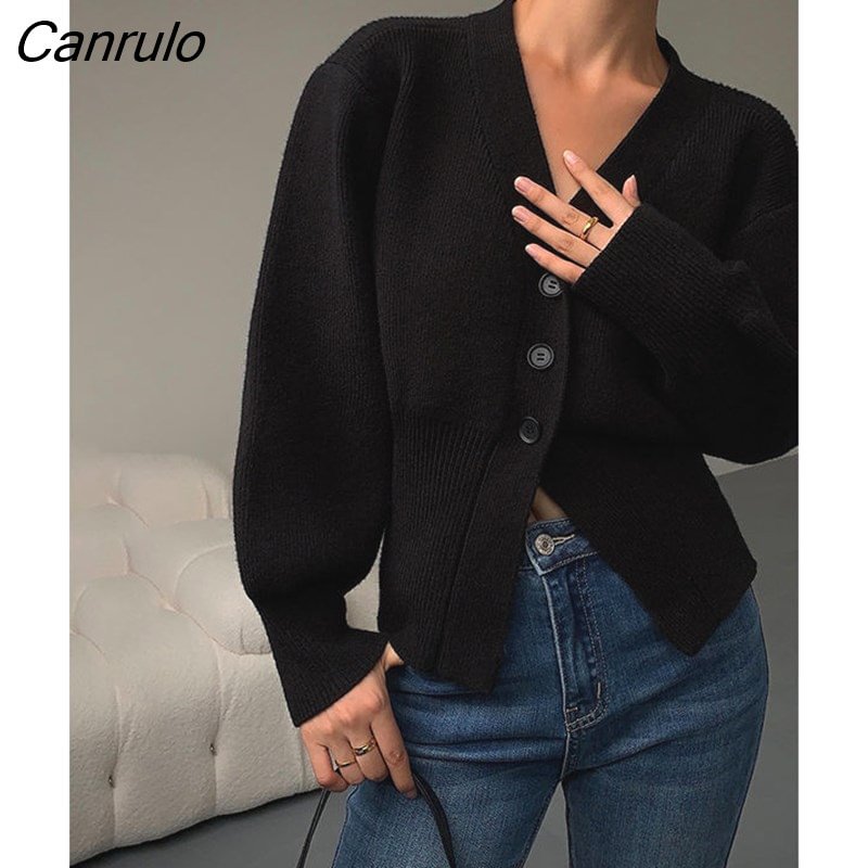 Canrulo Women V-neck Crop Prevalent Classic Leisure Sweater Chic Elegant Korean Style Lantern Sleeve Femme Knitwear Pure Retro