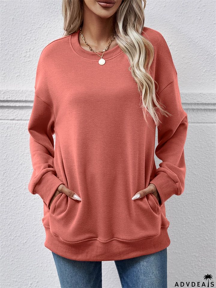 Women's Fleece Loose Round Neck Pocket Tops Hoodies