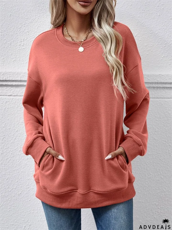 Women's Fleece Loose Round Neck Pocket Tops Hoodies