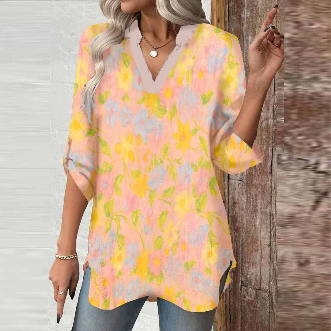 Women Flowers, Oil Painting, Color, Yellow DZGA0466 3/4 Sleeve V-neck Printed Graphic Button Tops