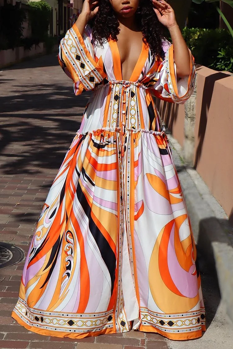 Xpluswear Plus Size Orange Vacation Boho V-Neck Pattern Print Maxi Dress 