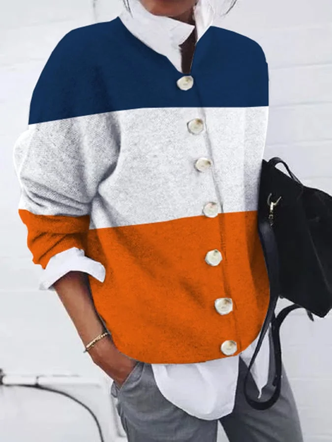 Stylish Buttoned Contrast Stripe Print Flannel Cardigan