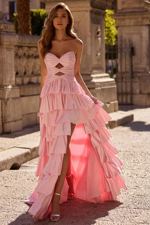 Miabel Stunning Pink Sweetheart Beaded Split Sleeveless Prom Dress with Ruffles 