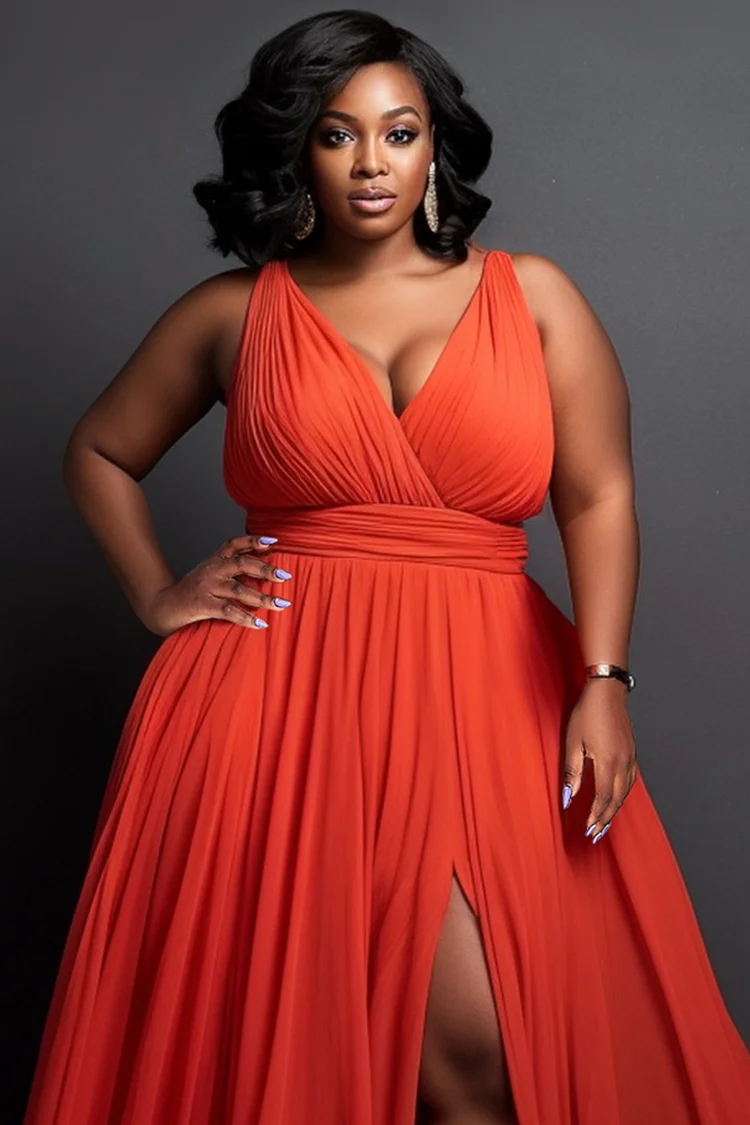 Xpluswear Design Plus Size Formal Red Elegant Wrap Neck Split Chiffon Maxi Dresses [Pre-Order]
