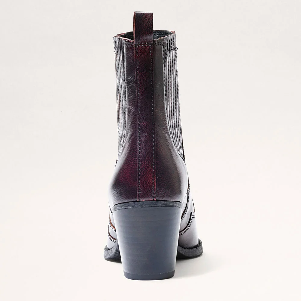 Women's Pointed Toe Chunky Heel Stitching Short Cowgirl Boots in Maroon