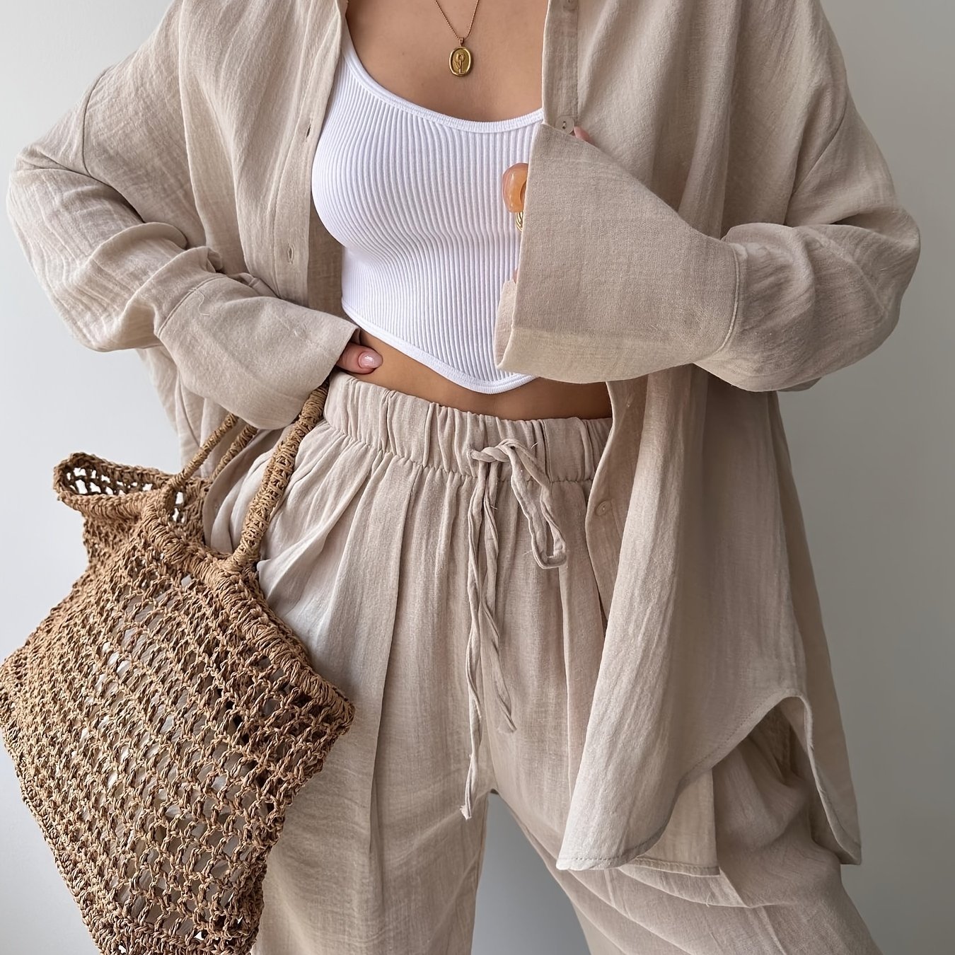 Simple Fashion Suit Two-piece Simple Long-sleeved Women's Lapel Shirt High-Waisted Pants Fashion Suit