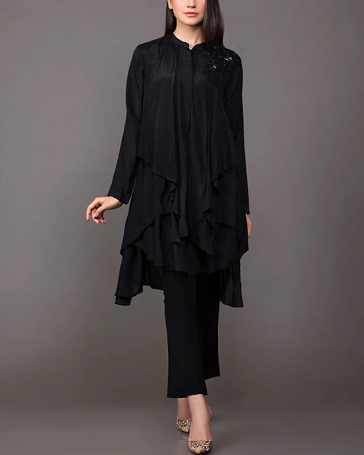 Ruffled Silk Top and Pants Two-piece Set