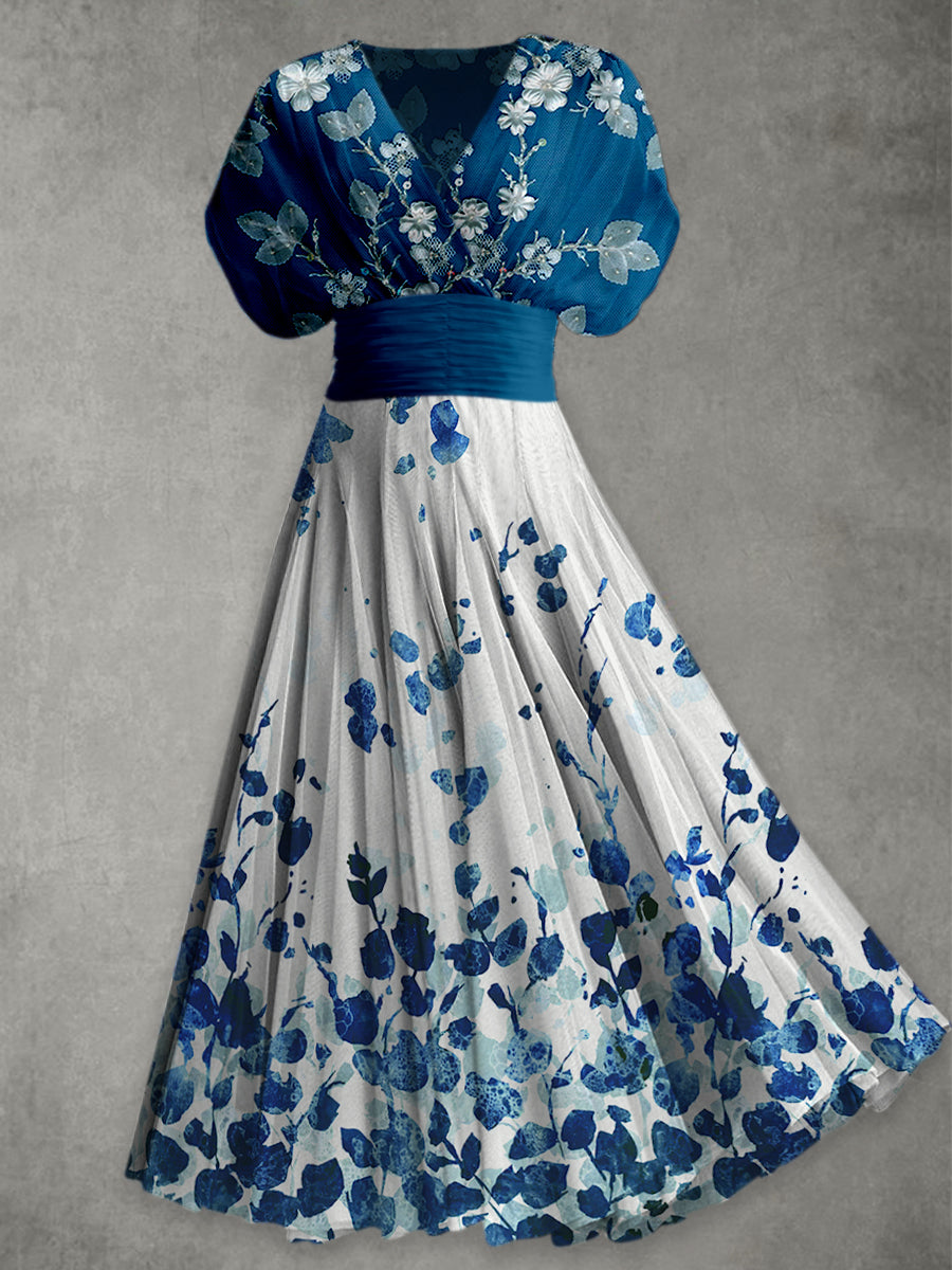 Retro Floral Print Elegant V-Neck Chic Short Sleeve Maxi Dress