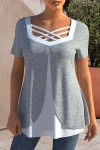 Plus Size Cross Strap Short Sleeve Blouses