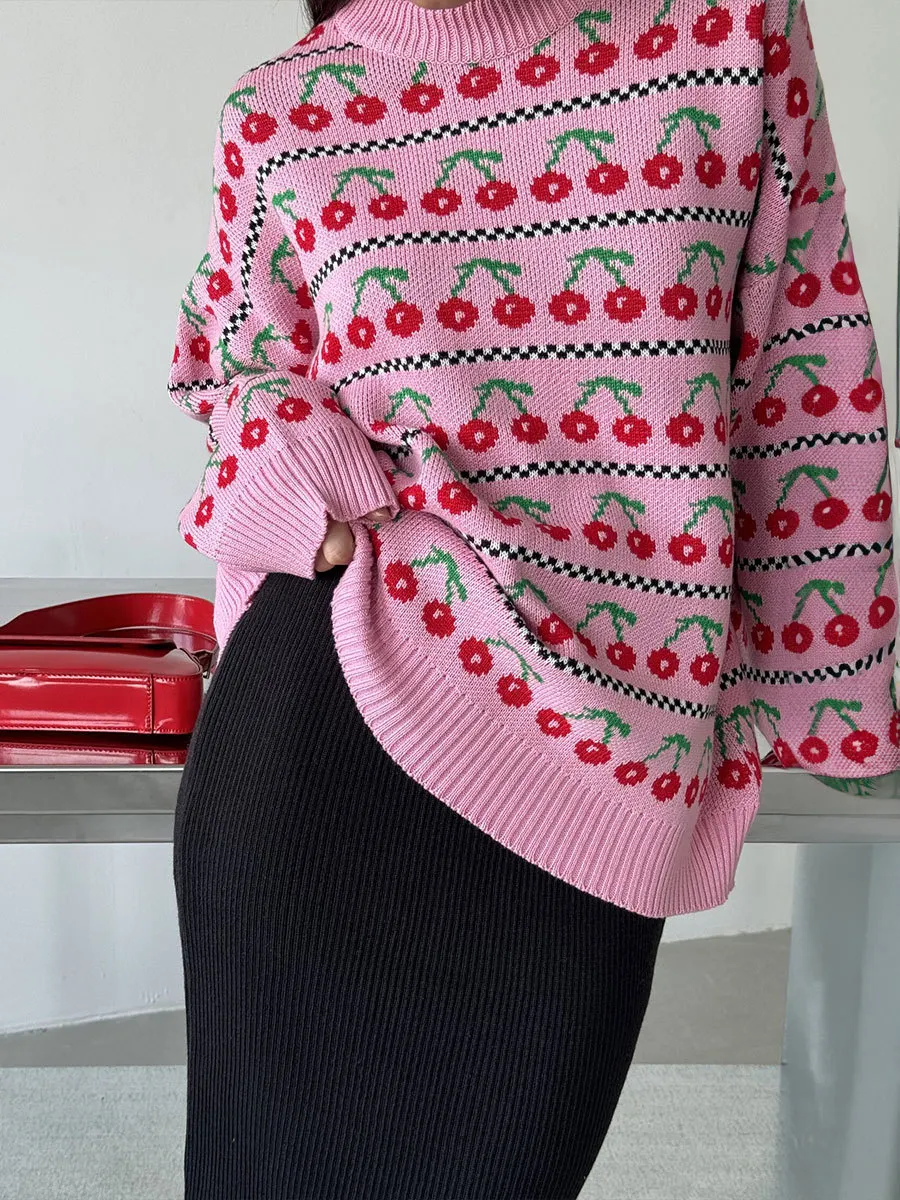 Churchf Churchf Neck Cherry Sweater Fall 2024 New Vintage Knit Cherry Round Neck Sweater