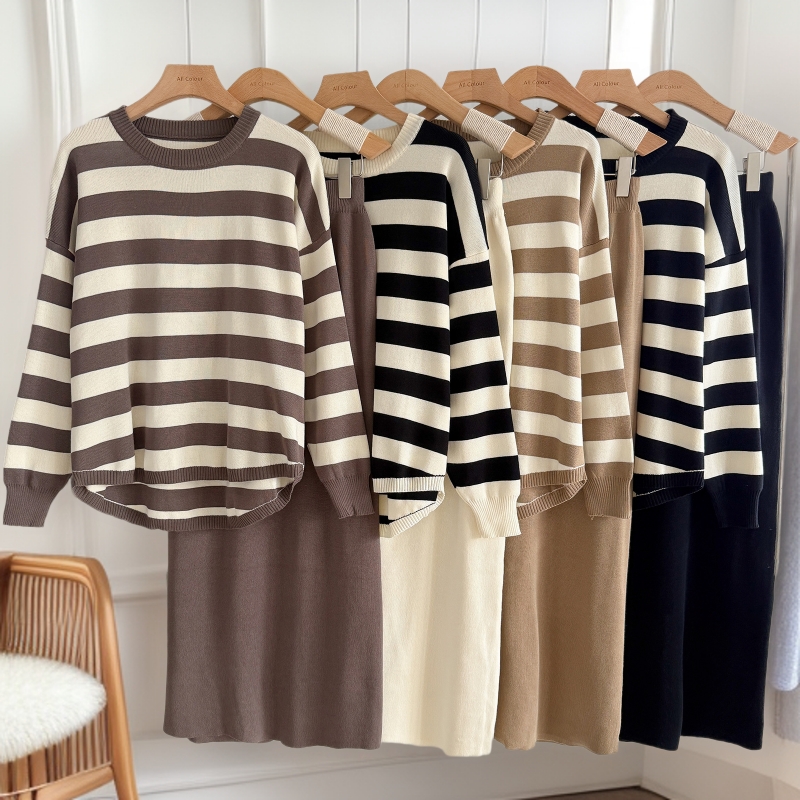 Women's Striped Sweater & Cream Midi Skirt Two Piece Set | IFYHOME