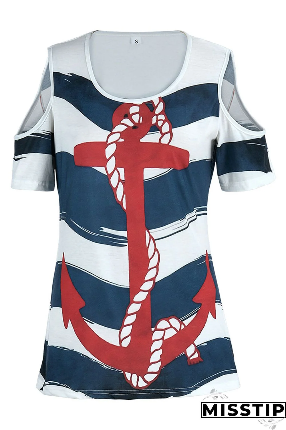 Deep Blue Fashion Casual Print Hollowed Out O Neck T-Shirts