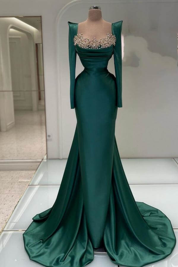 Chic Emerald Green Square Long Sleeves Mermaid Evening Gown With Pearls Online - lulusllly