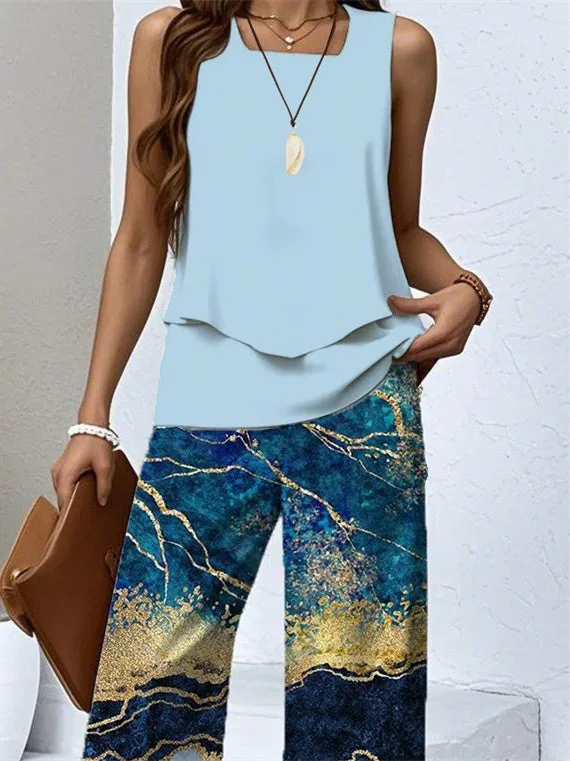 Women's Sleeveless Square Collar Graphic Printed Casual Set