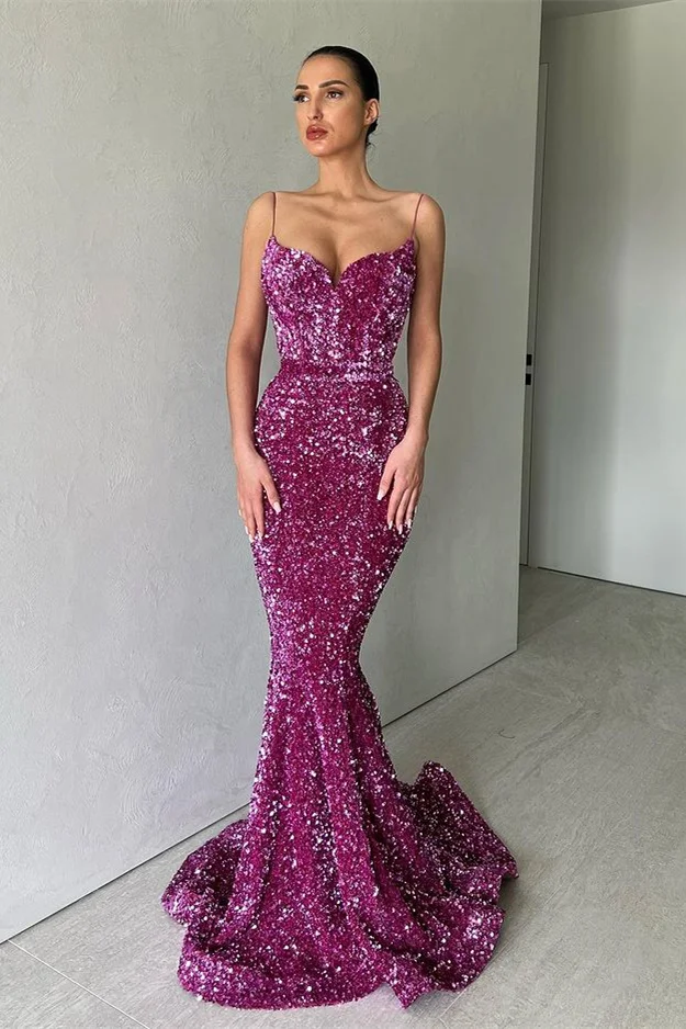 Purple Spaghetti Strap Long Sequins Evening Dress Mermaid PD0753