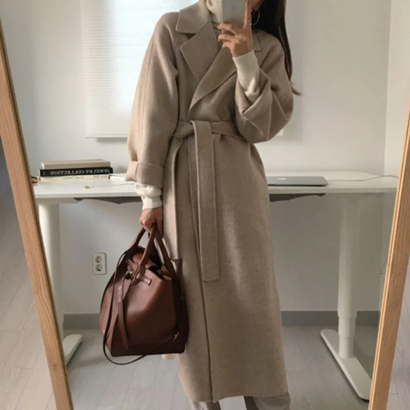 Autumn Winter New Women's Casual Woolen Blend Trench Coat Oversize Long Coat With Belt Women Wool Coat Cashmere Outerwear
