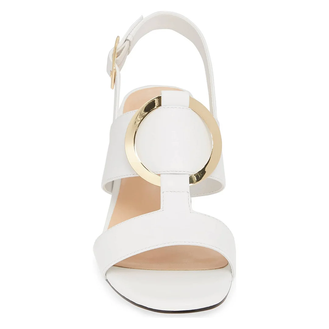 White Open Round Toe Summer Sandals Slingback Heels with Buckle
