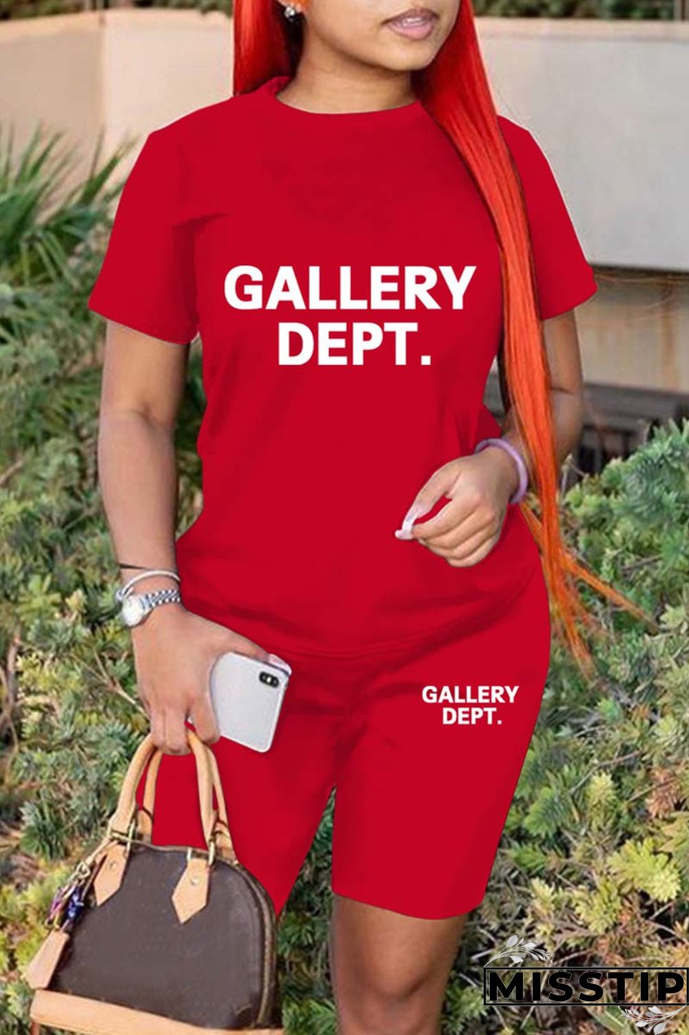 Green Casual Letter Print Basic O Neck Short Sleeve Two Pieces