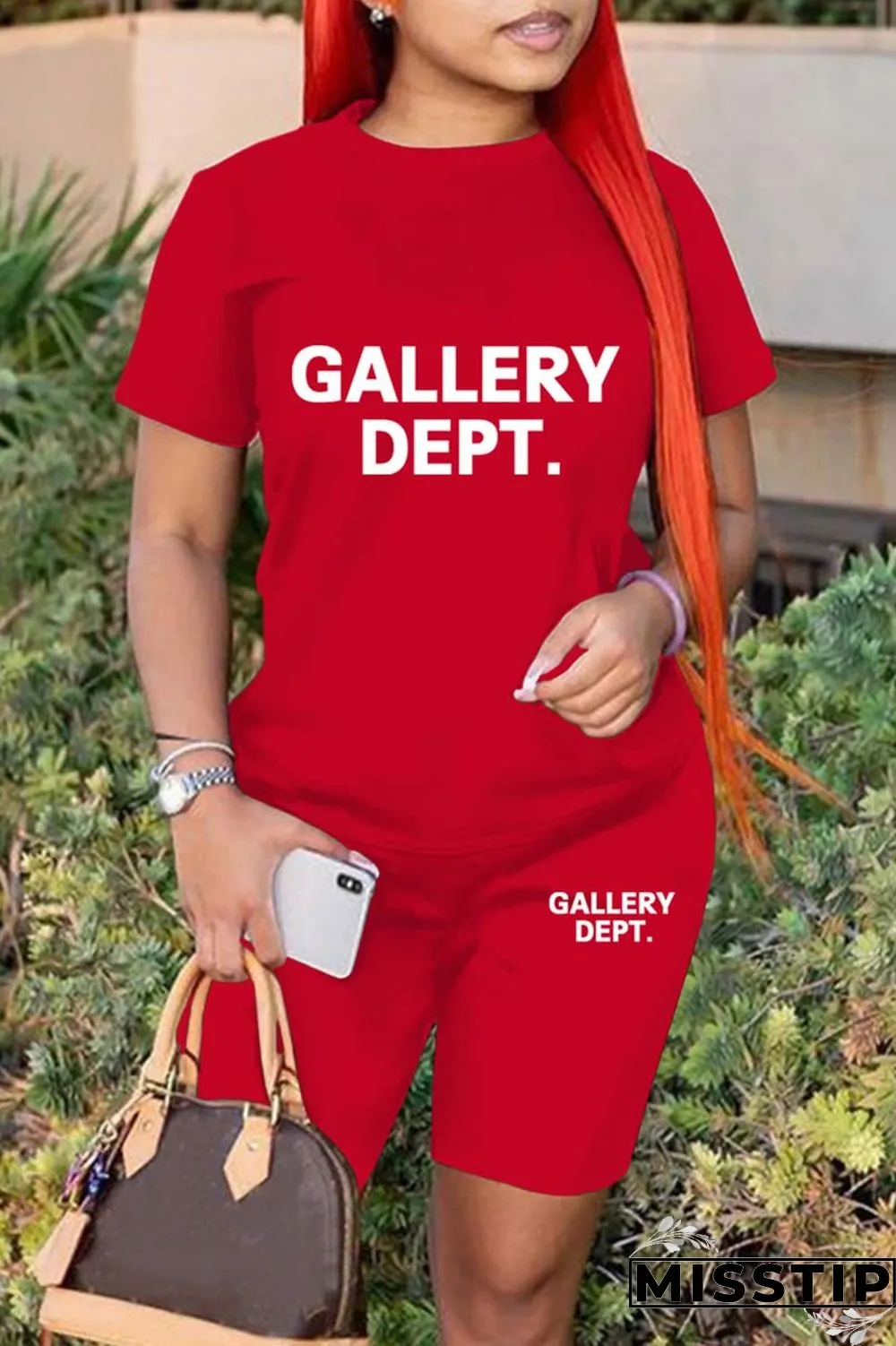 Green Casual Letter Print Basic O Neck Short Sleeve Two Pieces