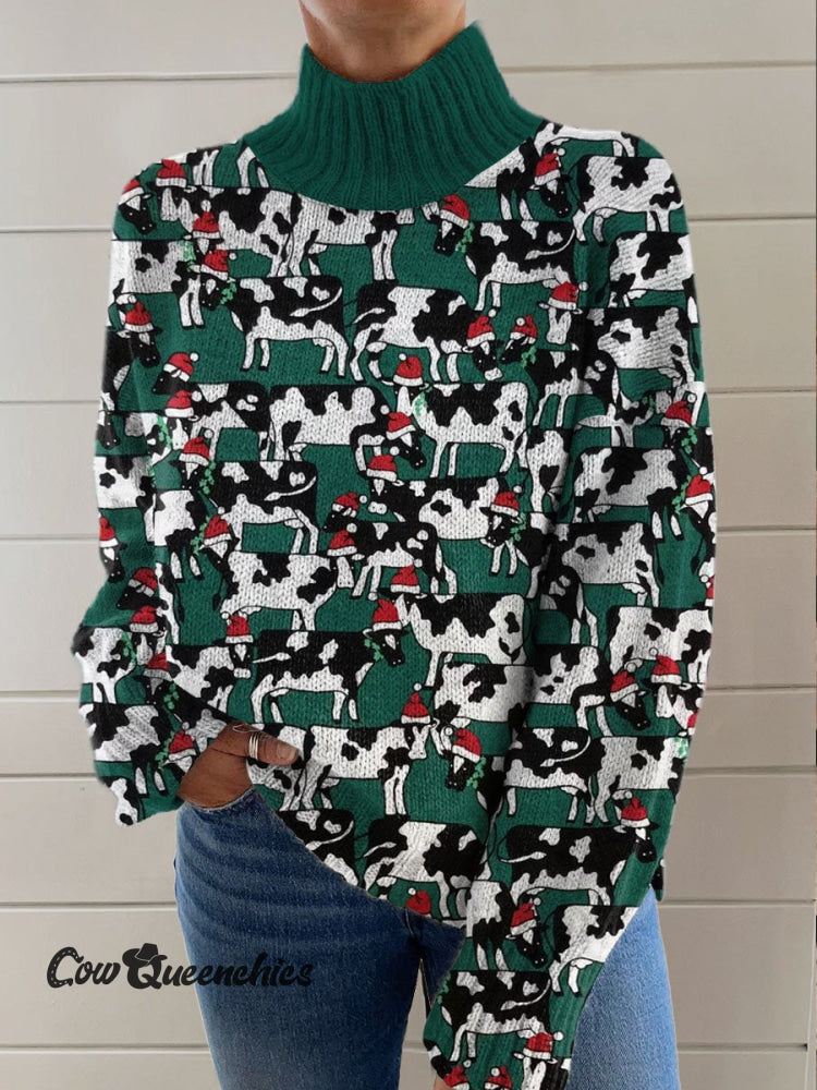 Green Christmas Cow Art Print Knit Turtleneck Pullover Sweater Multicolor / S