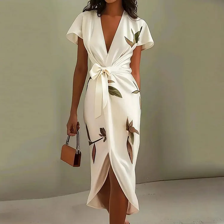 Stylish Satin Print Belted Dress