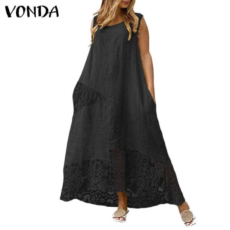 Summer Bohemian Dress Sundress Women Casual Solid Color Asymmetric Dress 2021 VONDA Vintage Lace Patchwork Vestidos
