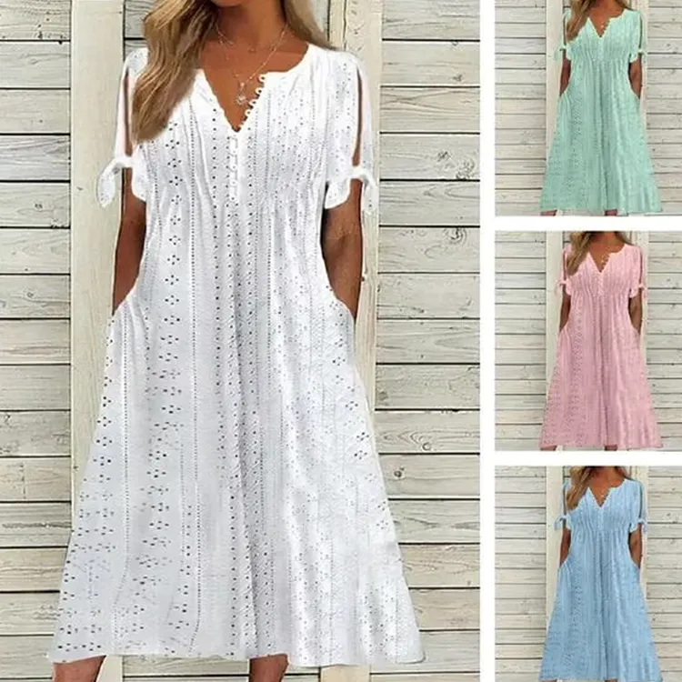 Abito Elegante da Donna a Tinta Unita con Scollo a V e Dettagli Traforati