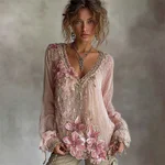 Vintage Boho Pink Lily Glitter Flowy Linen Tunic - Image 2
