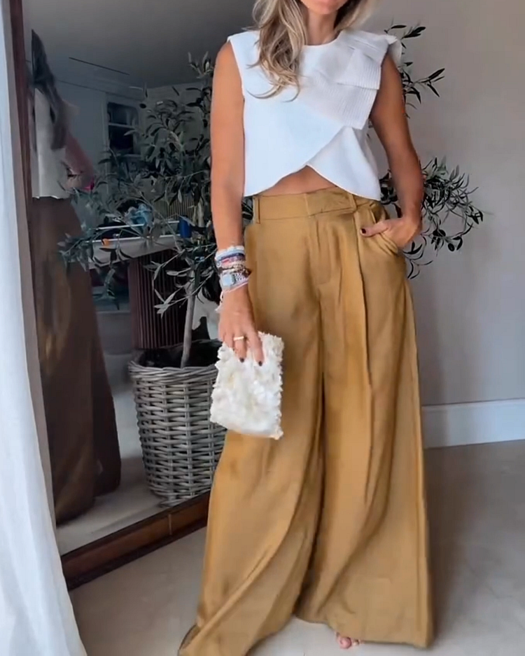 Round Neck Bow Tie Top and Pants Two-piece Suit