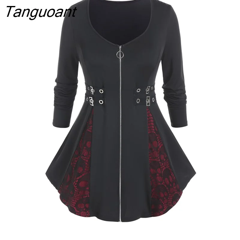 Tanguoant Gothic Full Zipper Buckles Skull Lace T-shirt For Women Spring,Fall Long Sleeve Front Zip Blouses Top Stretchly Tees 4XL