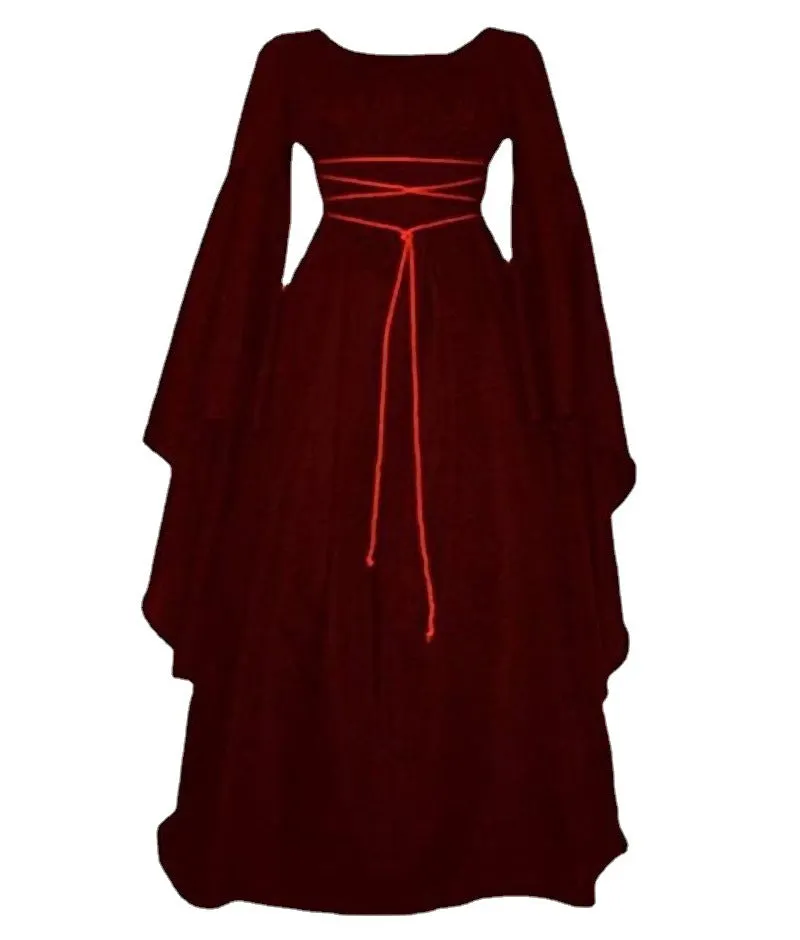 Brownm Sleeve Satin Round Neck Irregular Belt Women's Dress Halloween Costume
