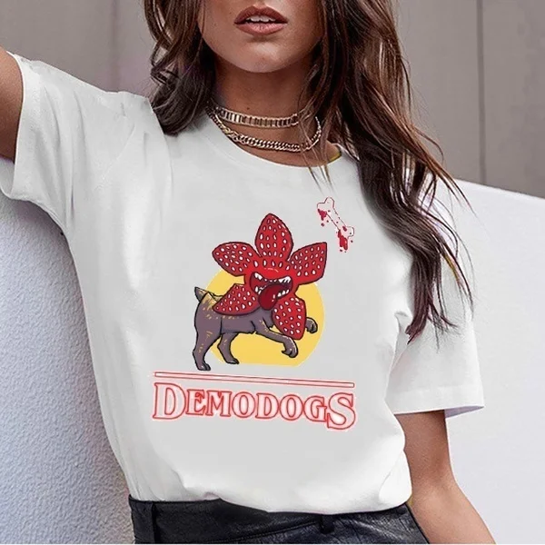 Stranger Things T Shirt Adopt A Demodog 100% Cotton Camiseta Cute Cannibal Flower Dog Animal Elven T Shirt