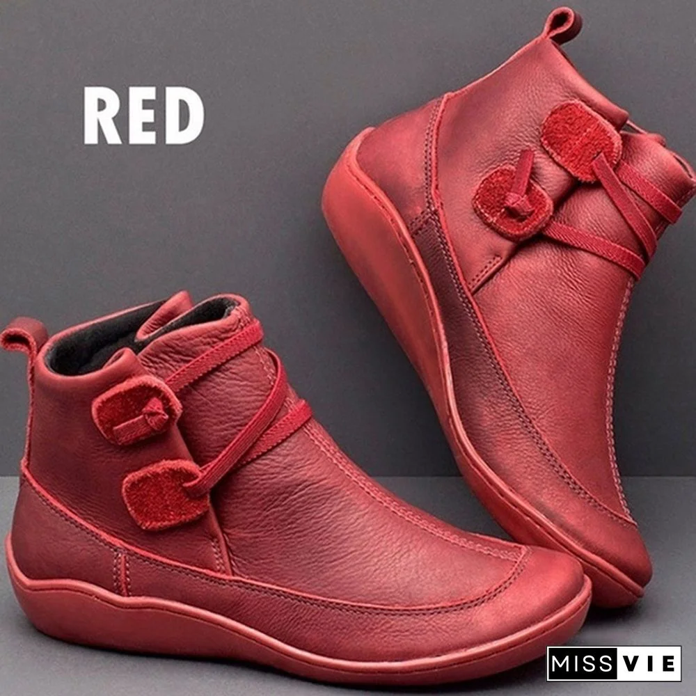 Women's Braided Strap Flat Heel All Season Boots Waterproof Leather Comfortable Flat Heel Boots Round Toe Ankle Boots