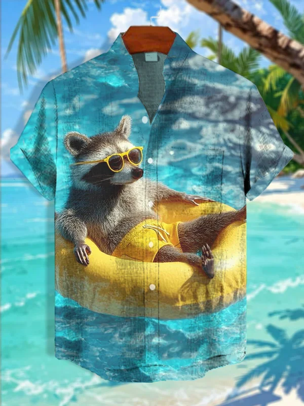 Men's Raccoon Swimming Pool Vacation Art Print Casual Shirt