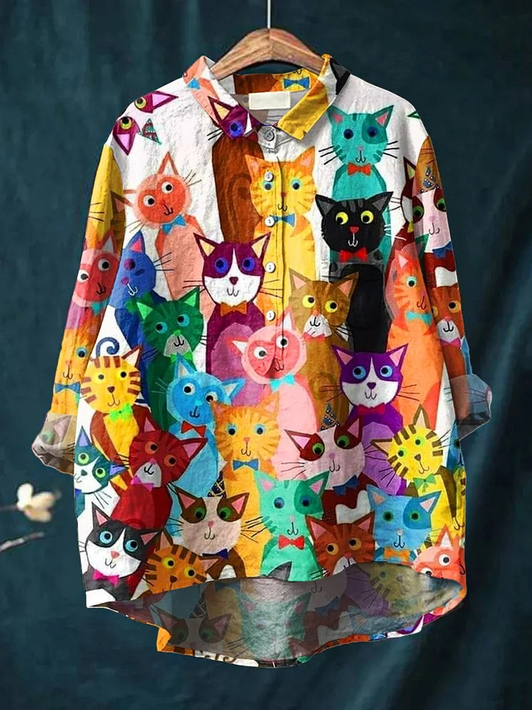 Women's Cat  Art Print Casual Cotton And Linen Shirt