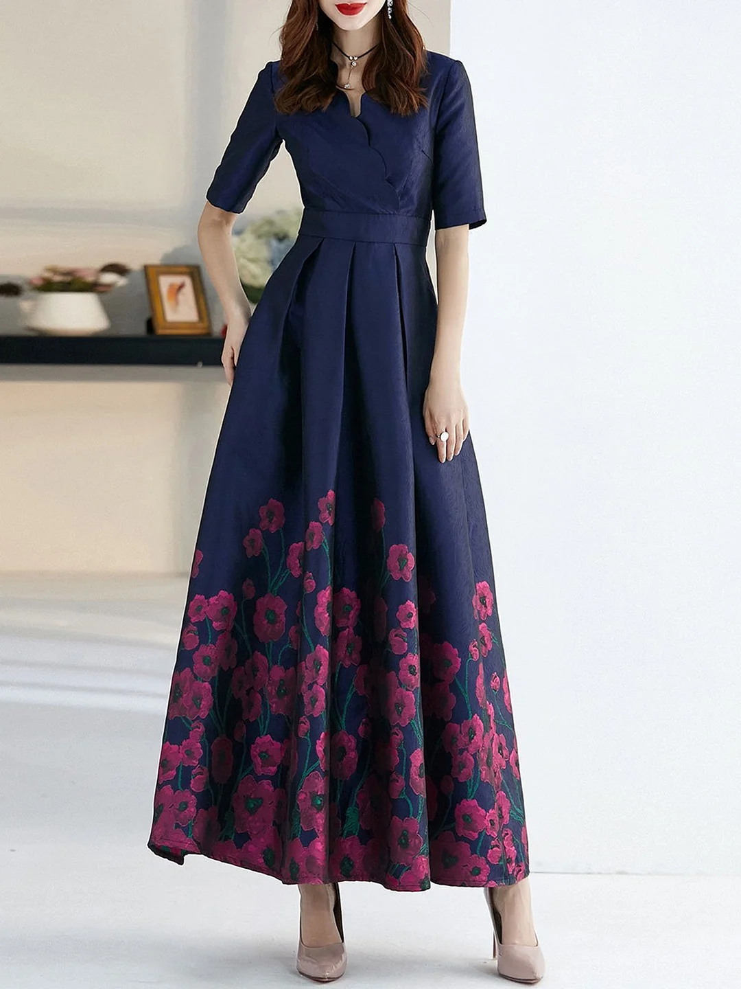 V neck Floral Printed Elegant Maxi Dress