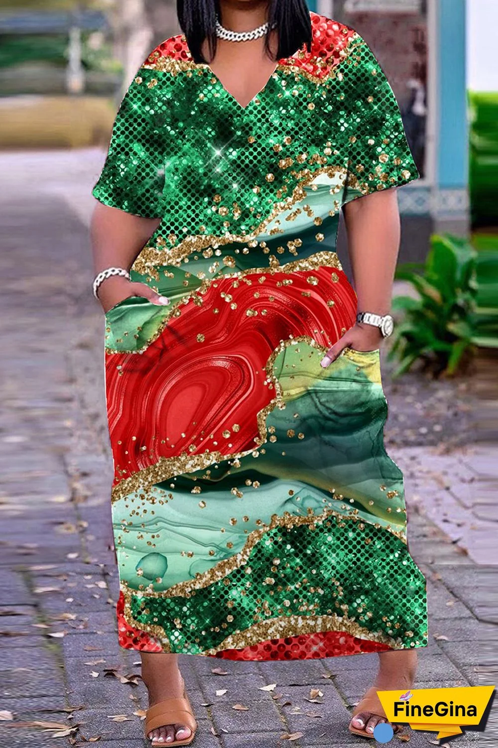 Light Blue Casual Print Patchwork V Neck Short Sleeve Dress