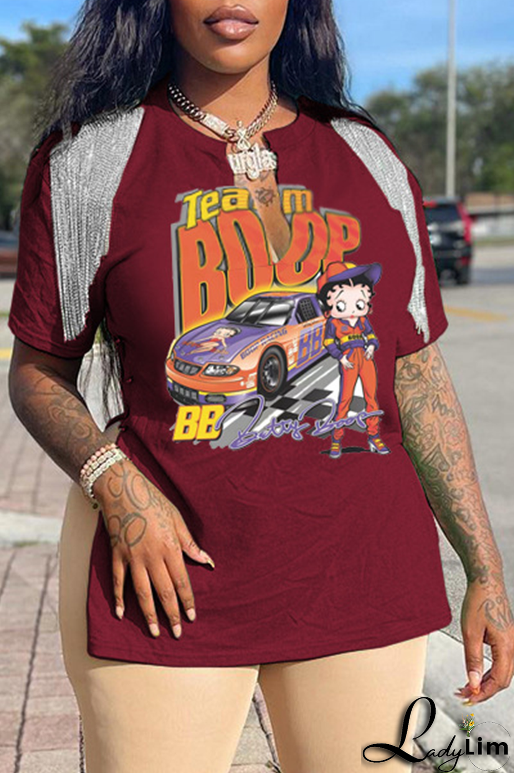 Purple Fashion Print Tassel V Neck T-Shirts