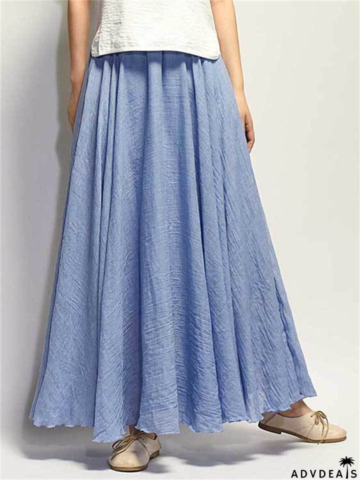 Women's Elastic Waist Pleated Maxi Linen Skirts