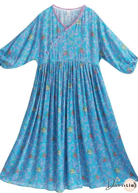 Women V Neck Cinched Spring Clothes Runway Blue Print Robes Dress