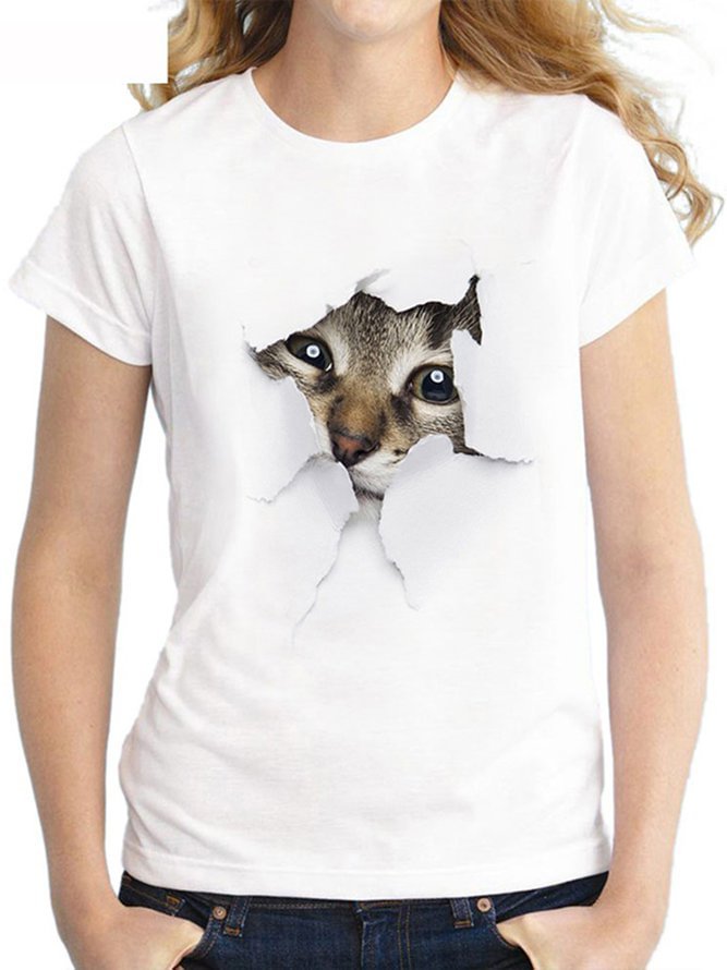 Short Sleeve Abstract Cat Printed Cute Casual T-Shirts
