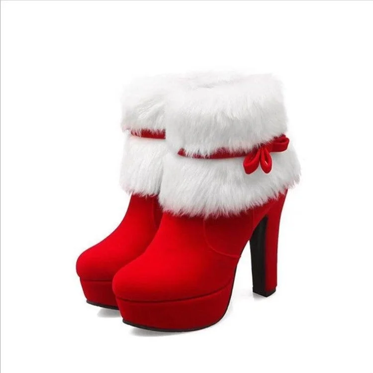 Christmas Red High-heeled Boots And Furry Bow Short Boots