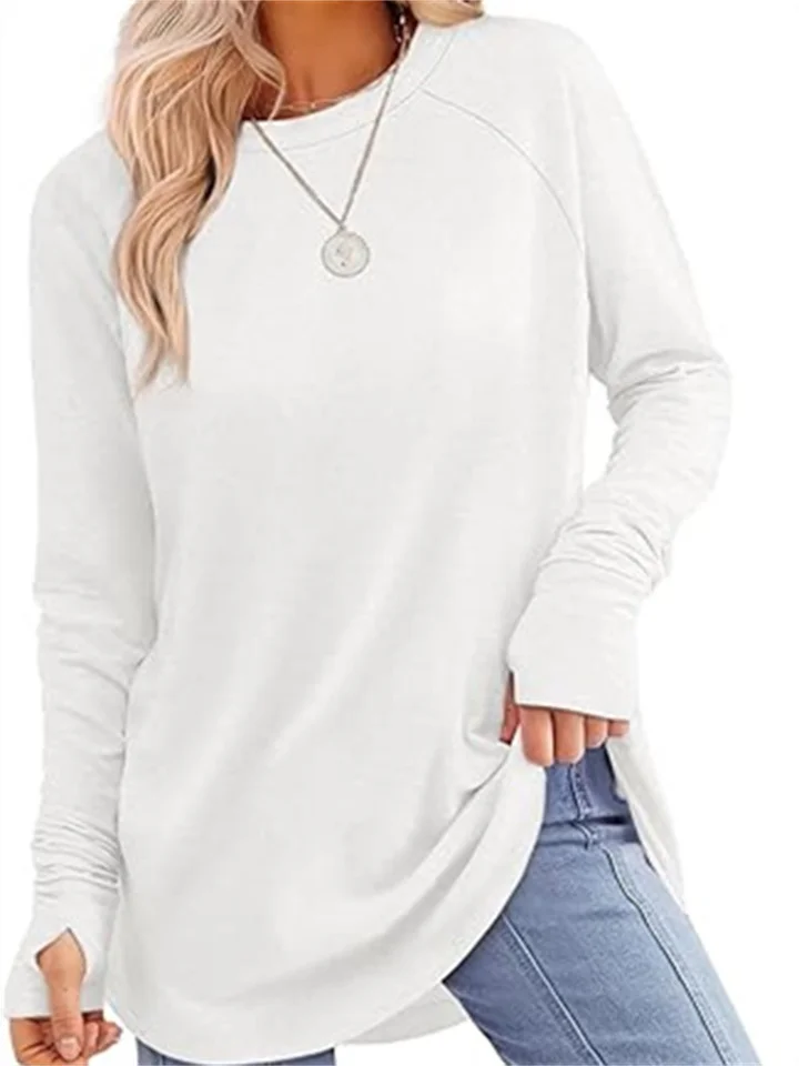 Women's Round Neck Solid Color Long-sleeved Top Loose Mid-length T-shirt-JRSEE