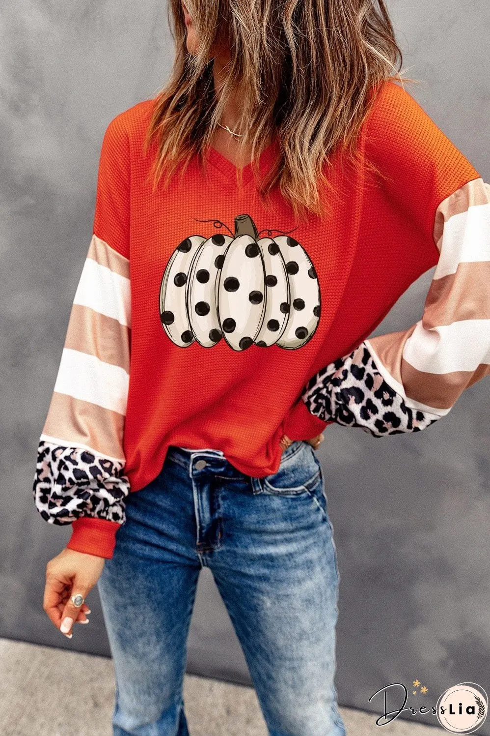 Polka Dot Pumpkin Graphic Lantern Sleeve V-Neck Top