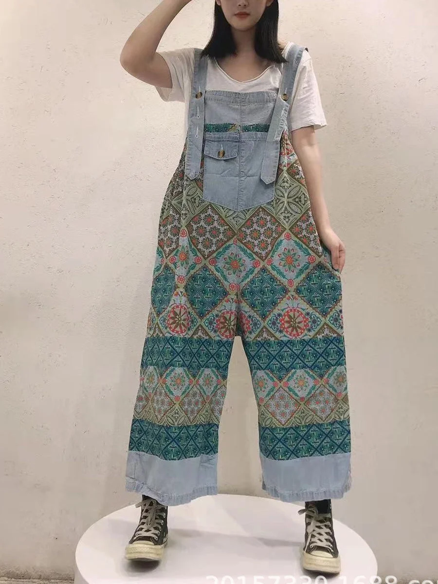 Women's Casual Retro Cropped Workwear Denim Overalls Jumpsuit