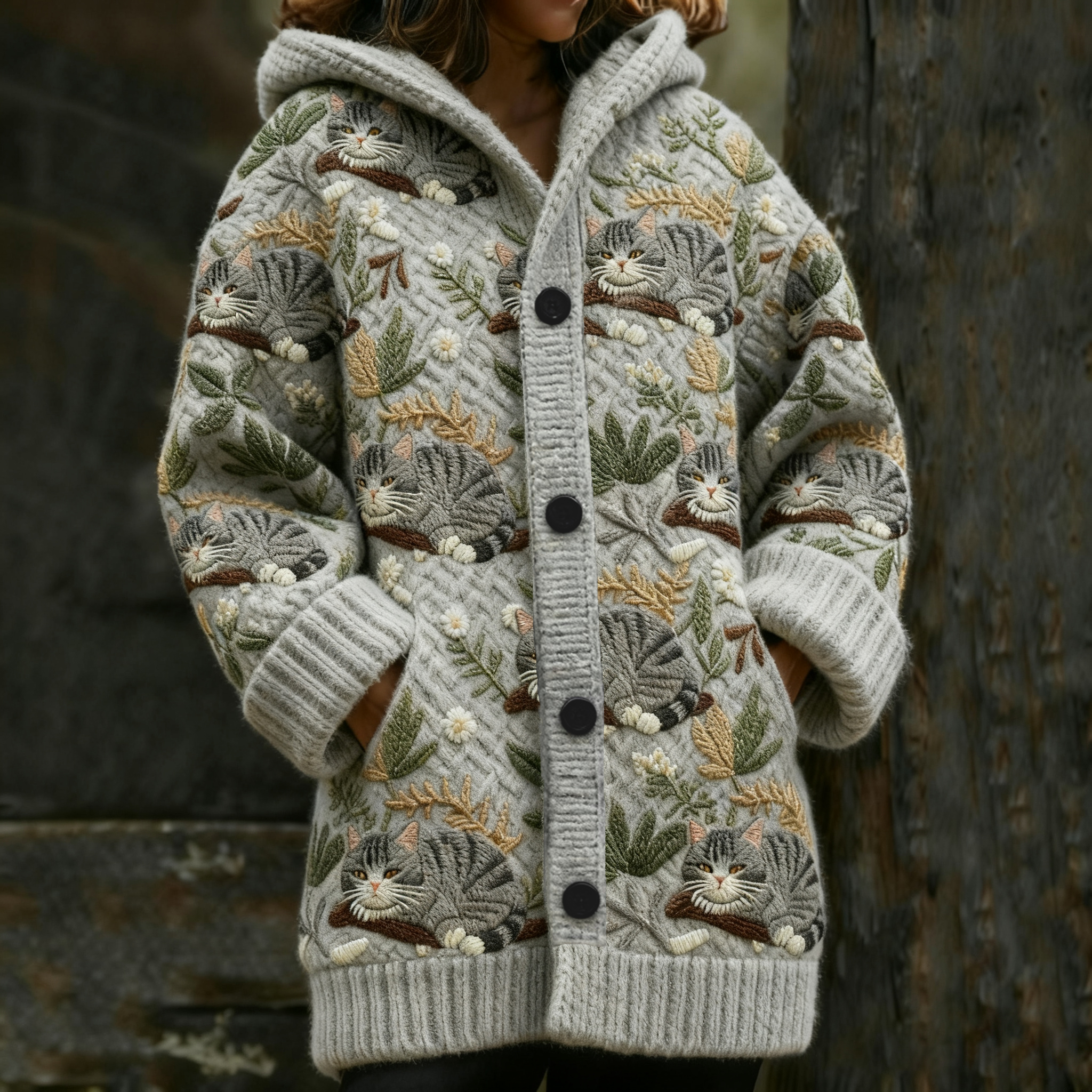 Women's Retro Lazy Cat Graphic Jacquard Hooded Knit Cardigan elevenforest