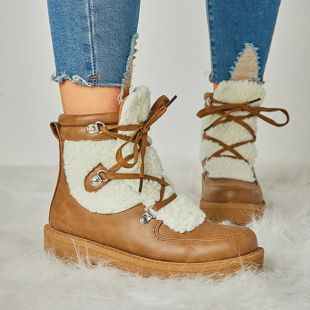 Women Faux Shearling Stiching Lace Up Snow Boots