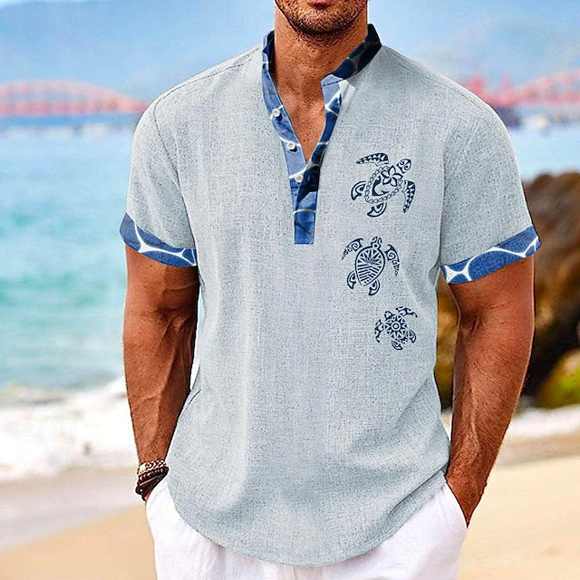 Retro Vintage Turtle Graphic Half Button Art Linen Blend Shirt