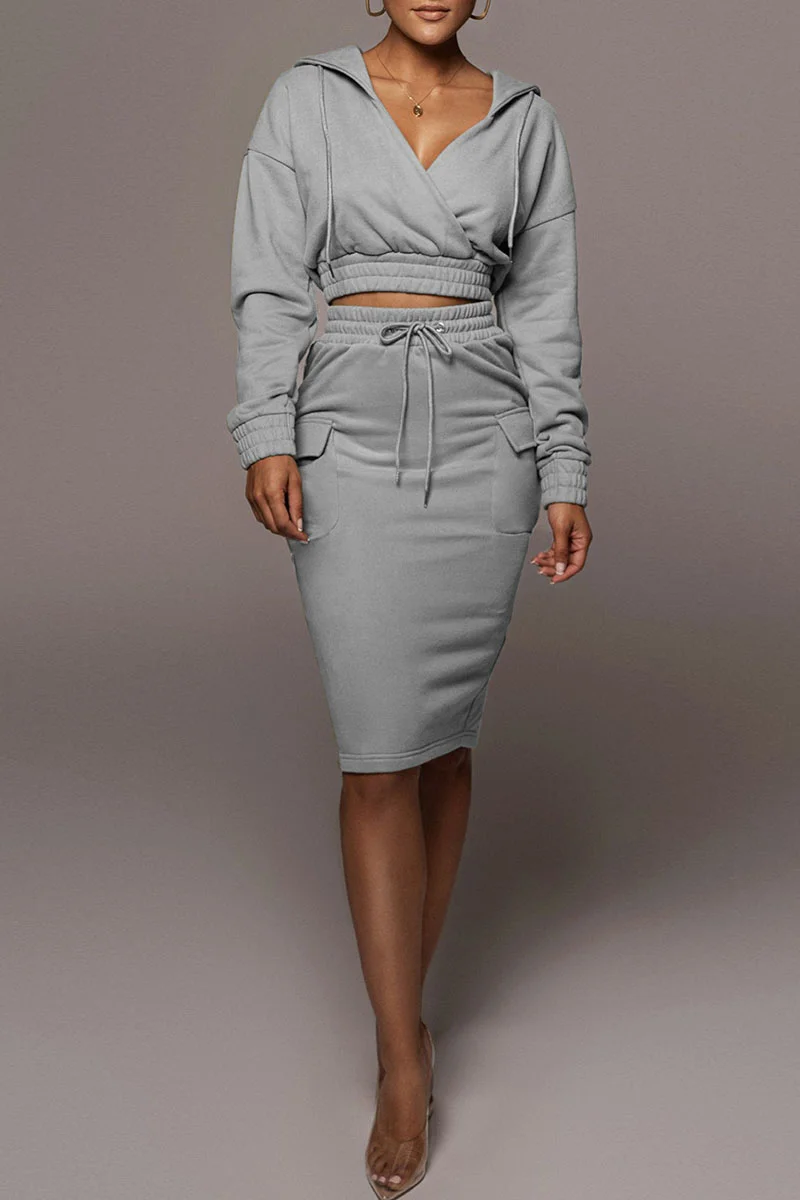 Grey Casual Solid Patchwork Pocket Hooded Collar Long Sleeve Two Pieces | EGEMISS